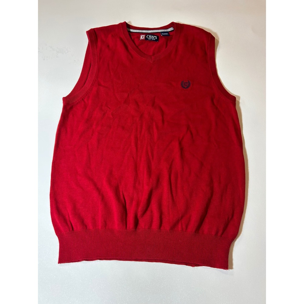 Chaps Sweater Vest Mens Small Red Excellent V-Neck Cotton Embroidered Logo